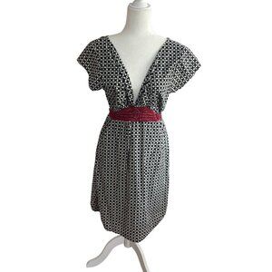 Mata Traders Black & White Geometric Print Dress Red Waist Tie Cotton Size Large